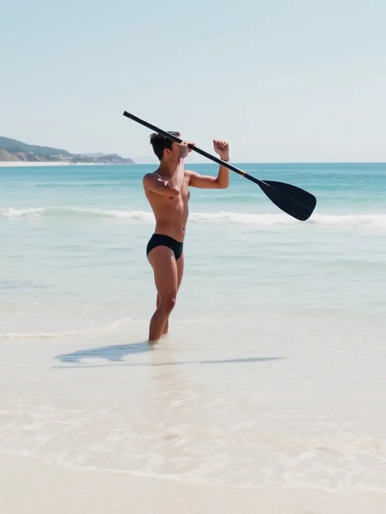 An individual practicing longe côte with a paddle in calm, clear water, showcasing the proper technique and posture. The background features a serene coastal landscape.