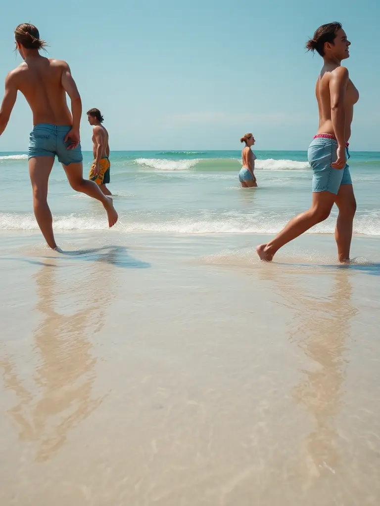 Participants engaging in aquatic walking without paddles, focusing on balance and coordination in the water. The setting is a calm and shallow part of the beach.
