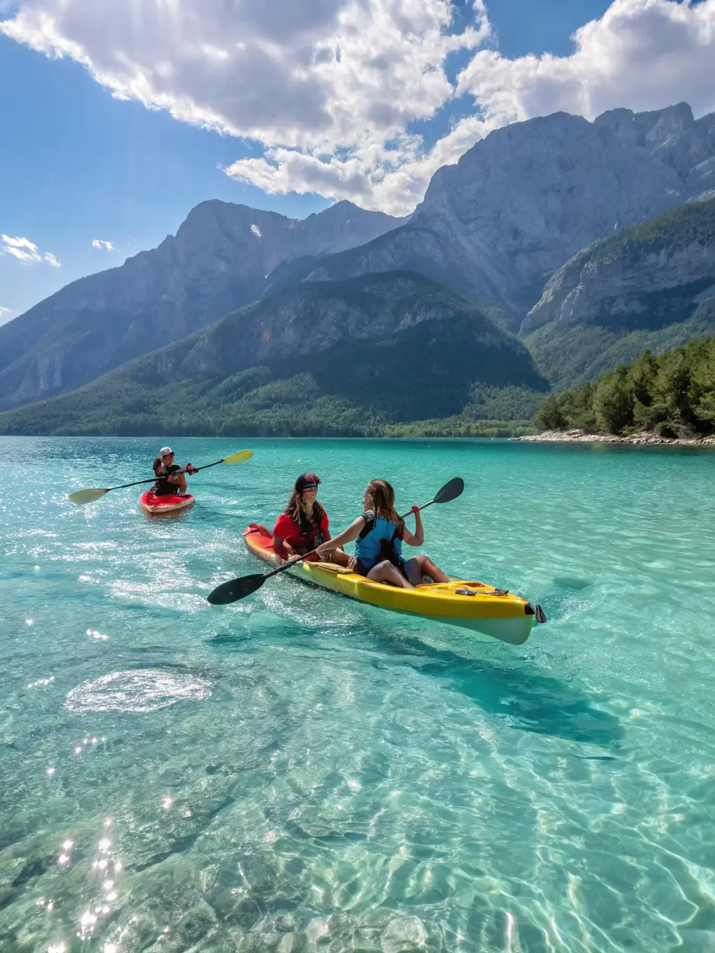 A group of people participating in a longe côte session, walking in shallow water with paddles, enjoying a sunny day at the beach.